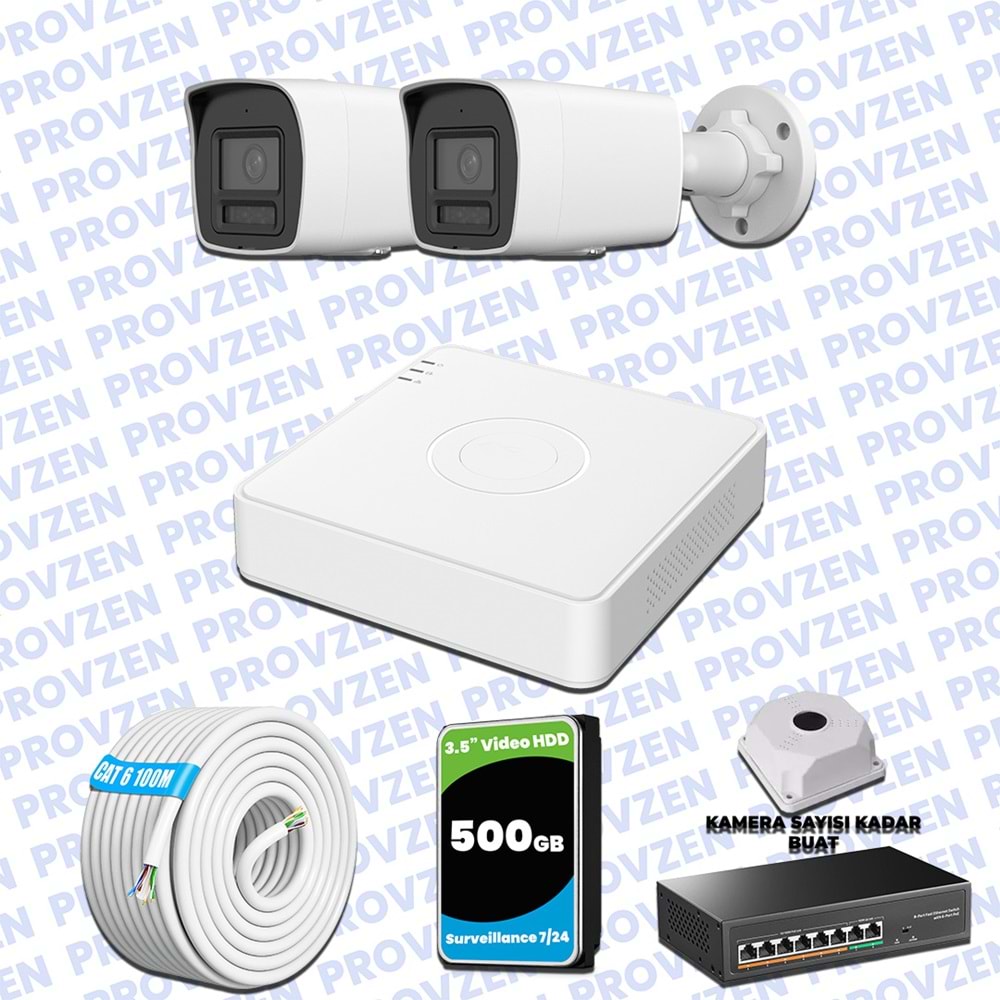 Provzen Hikvision Hibrit IP ColorVu 2 Kameralı Güvenlik Kamerası Mikrofonlu Olay Anında bildirim
