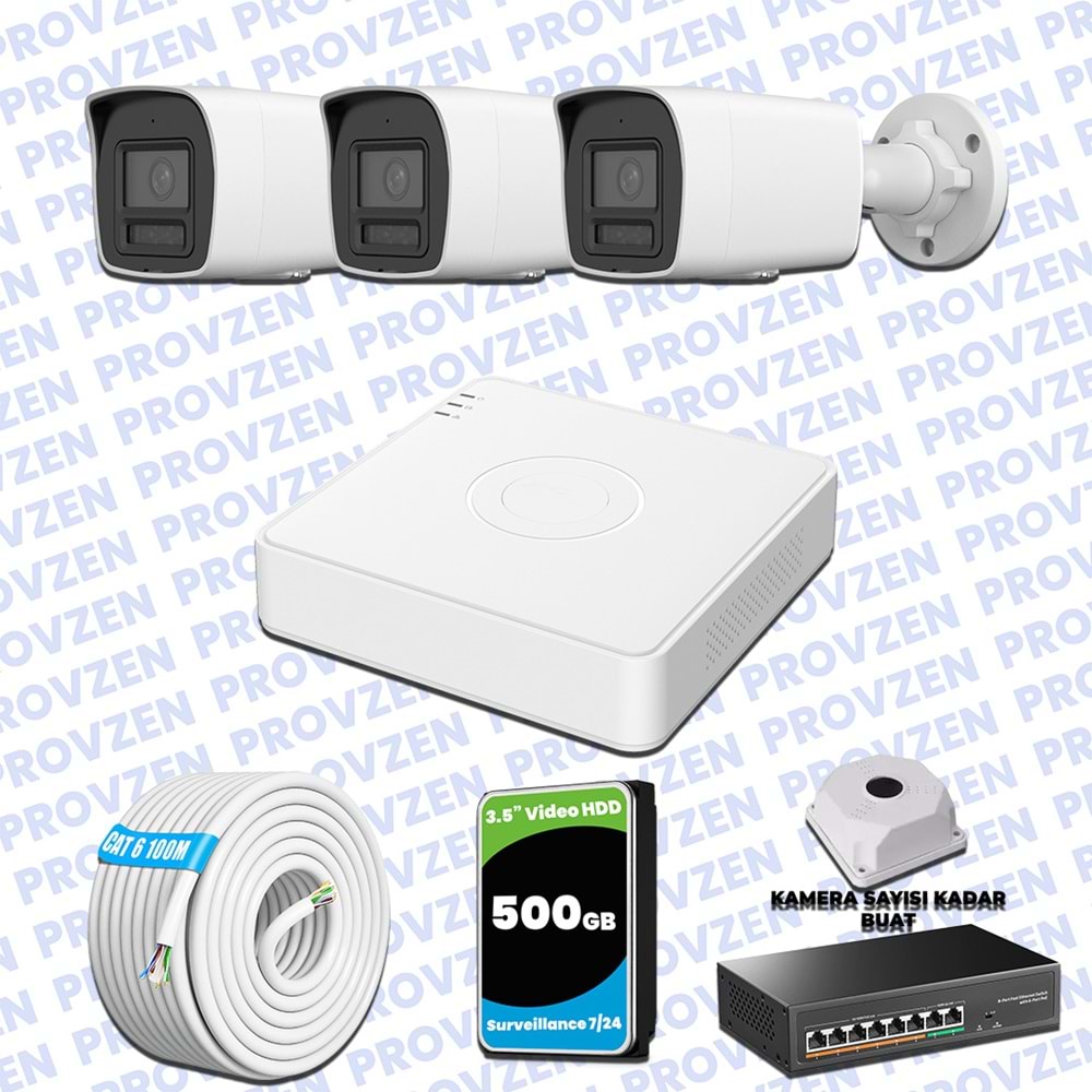 Provzen Hikvision Hibrit IP ColorVu 3 Kameralı Güvenlik Kamerası Mikrofonlu Olay Anında bildirim