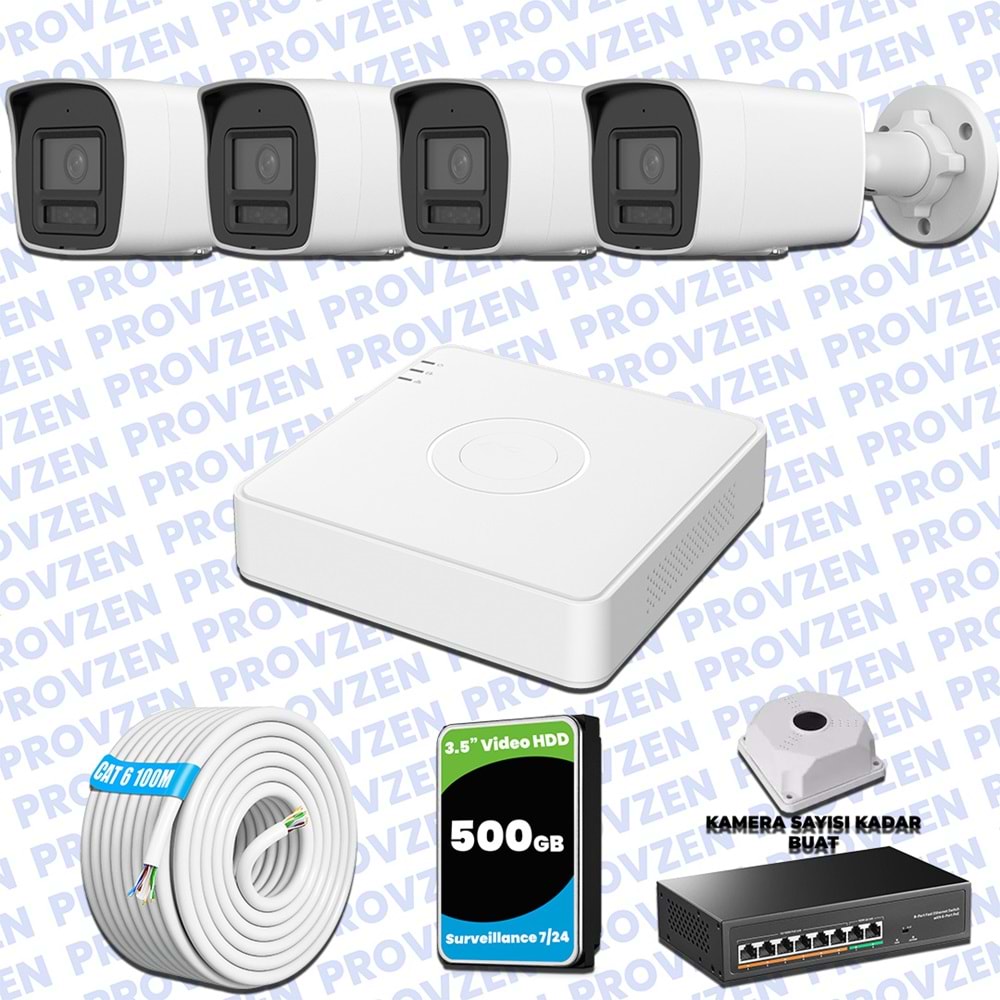 Provzen Hikvision Hibrit IP ColorVu 4 Kameralı Güvenlik Kamerası Mikrofonlu Olay Anında bildirim