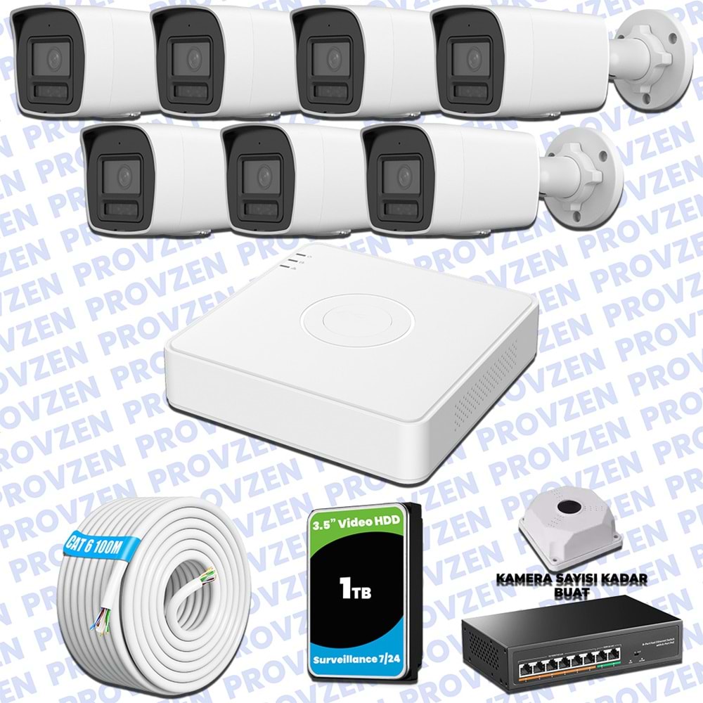Provzen Hikvision Hibrit IP ColorVu 7 Kameralı Güvenlik Kamerası Mikrofonlu Olay Anında bildirim
