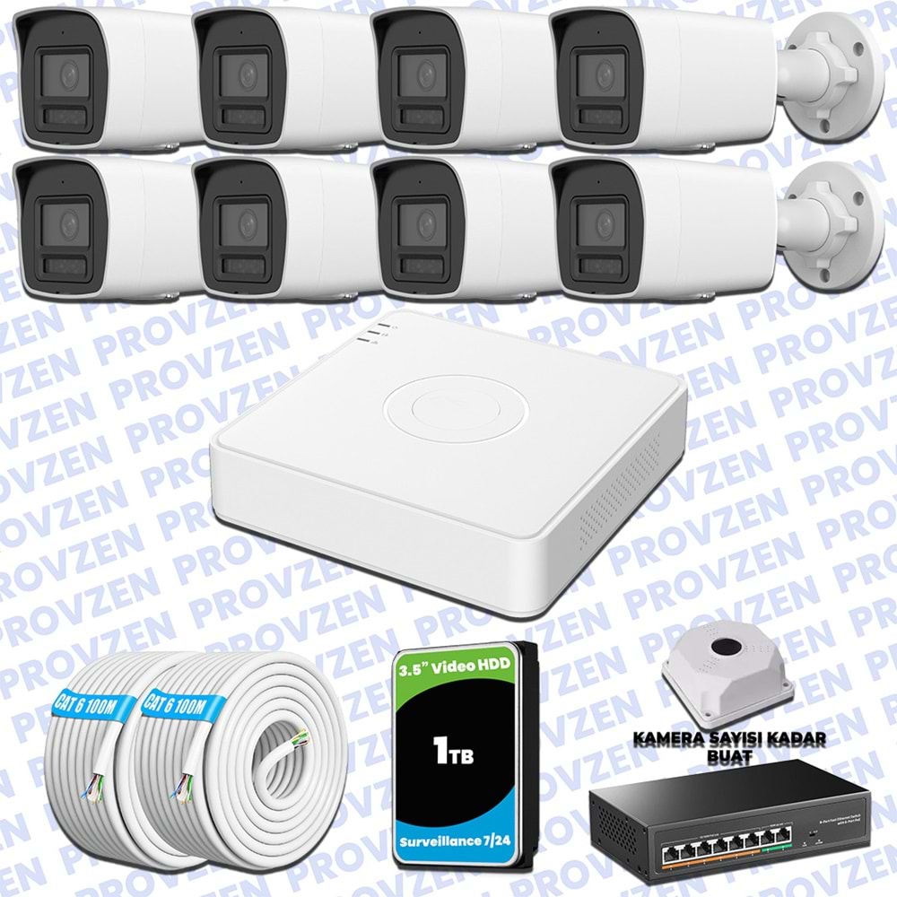 Provzen Hikvision Hibrit IP ColorVu 8 Kameralı Güvenlik Kamerası Mikrofonlu Olay Anında bildirim
