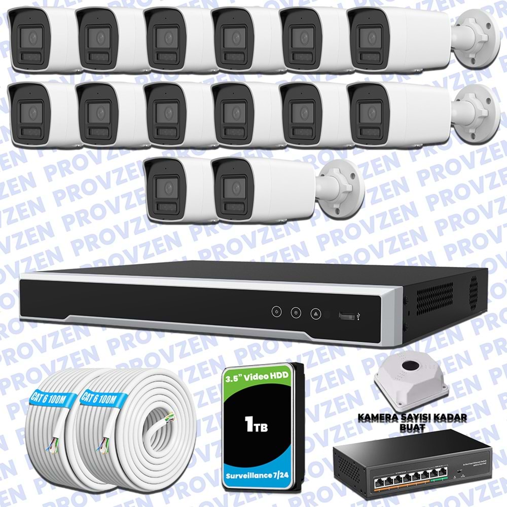 Provzen Hikvision Hibrit IP ColorVu 14 Kameralı Güvenlik Kamerası Mikrofonlu Olay Anında bildirim