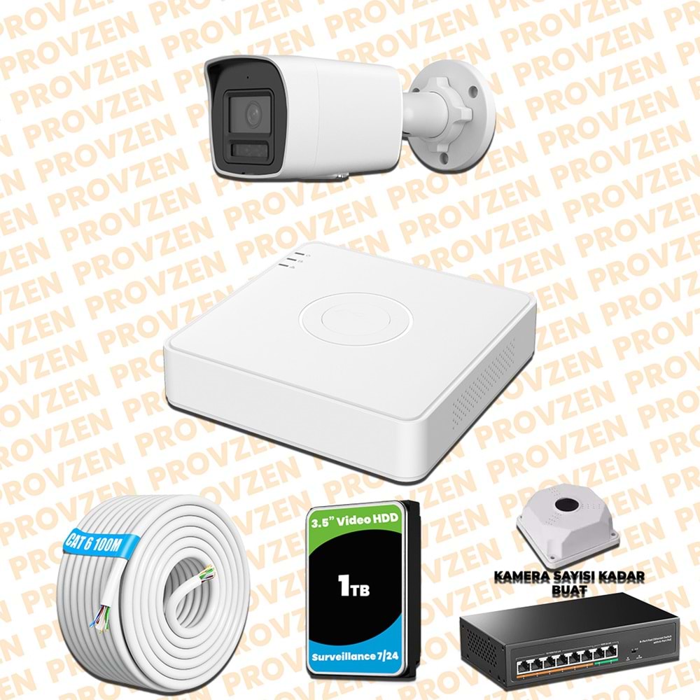 Provzen Hikvision 1 Kameralı 4MP IP Hibrit ColorVu Güvenlik Kamerası Mikrofonlu Olay Anında bildirim