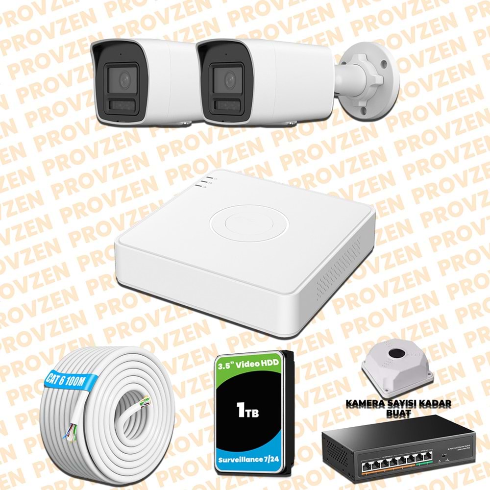 Provzen Hikvision 2 Kameralı 4MP IP Hibrit ColorVu Güvenlik Kamerası Mikrofonlu Olay Anında bildirim