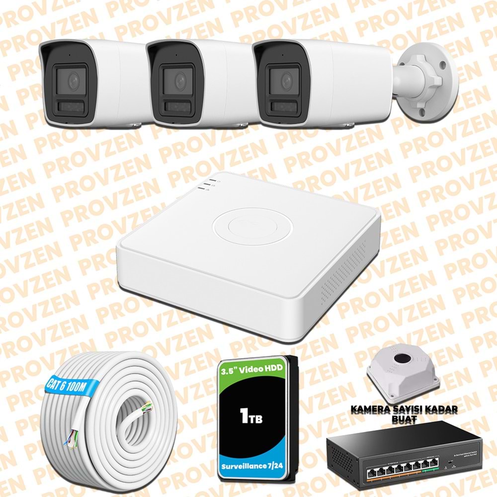 Provzen Hikvision 3 Kameralı 4MP IP Hibrit ColorVu Güvenlik Kamerası Mikrofonlu Olay Anında bildirim