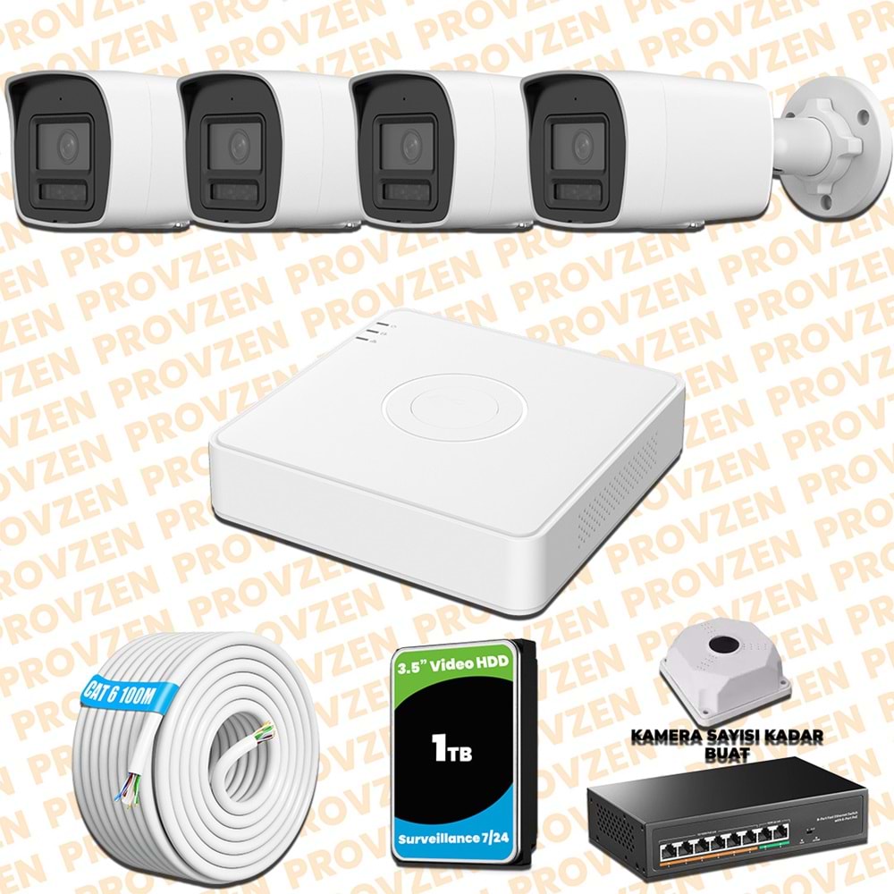 Provzen Hikvision 4 Kameralı 4MP IP Hibrit ColorVu Güvenlik Kamerası Mikrofonlu Olay Anında bildirim