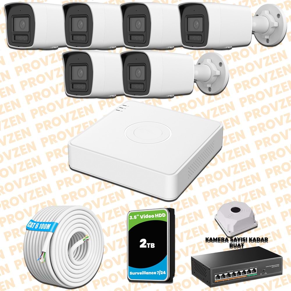 Provzen Hikvision 6 Kameralı 4MP IP Hibrit ColorVu Güvenlik Kamerası Mikrofonlu Olay Anında bildirim