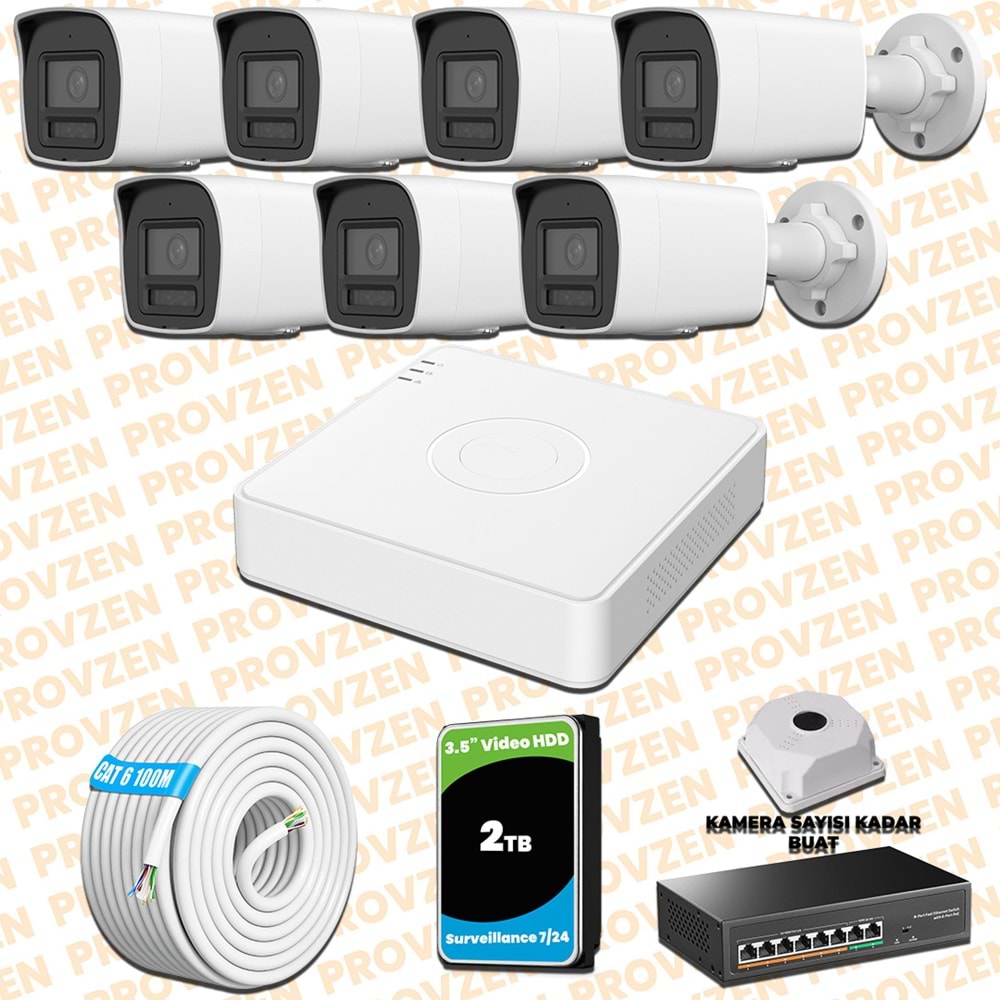 Provzen Hikvision 7 Kameralı 4MP IP Hibrit ColorVu Güvenlik Kamerası Mikrofonlu Olay Anında bildirim