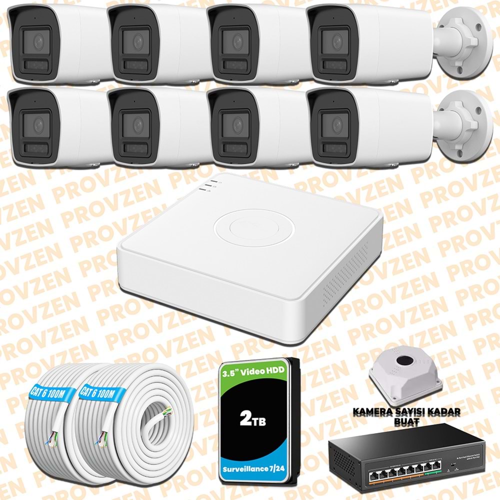 Provzen Hikvision 8 Kameralı 4MP IP Hibrit ColorVu Güvenlik Kamerası Mikrofonlu Olay Anında bildirim