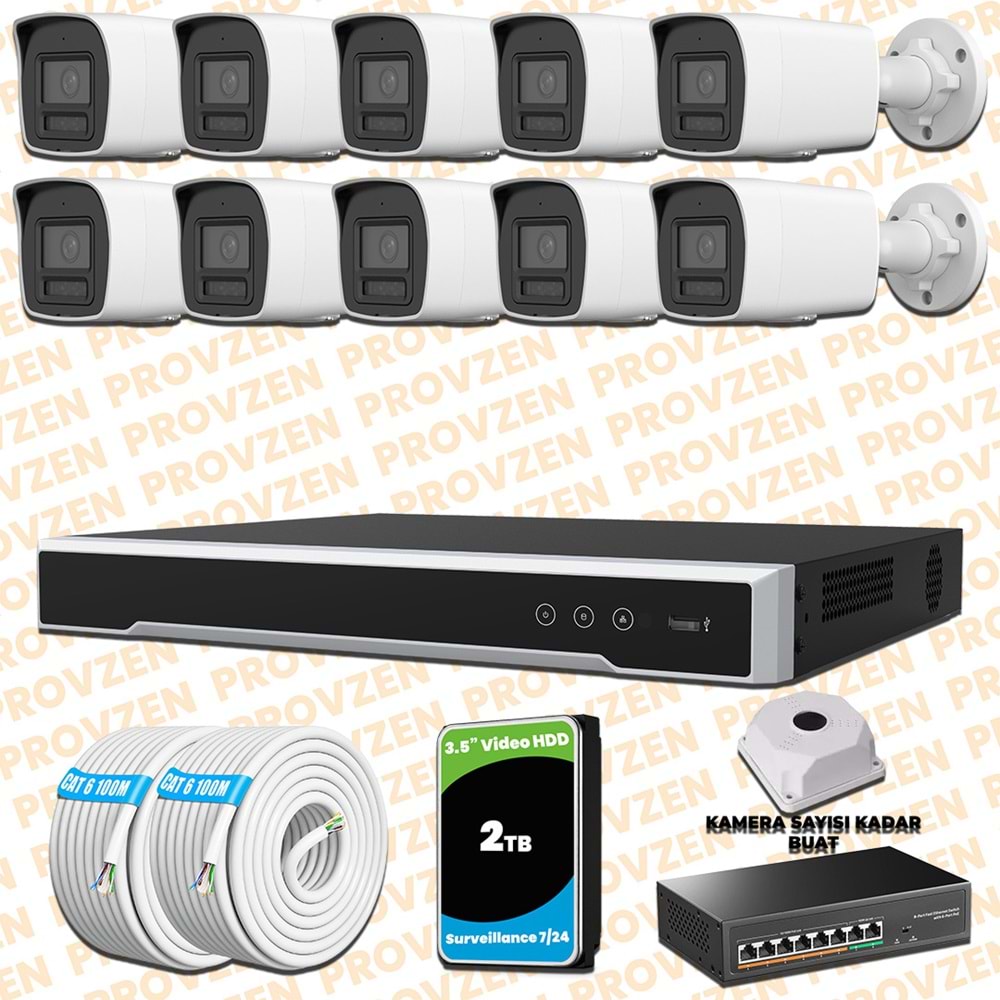 Provzen Hikvision 10 Kameralı 4MP IP Hibrit ColorVu Güvenlik Kamerası Mikrofonlu Olay Anında bildirim