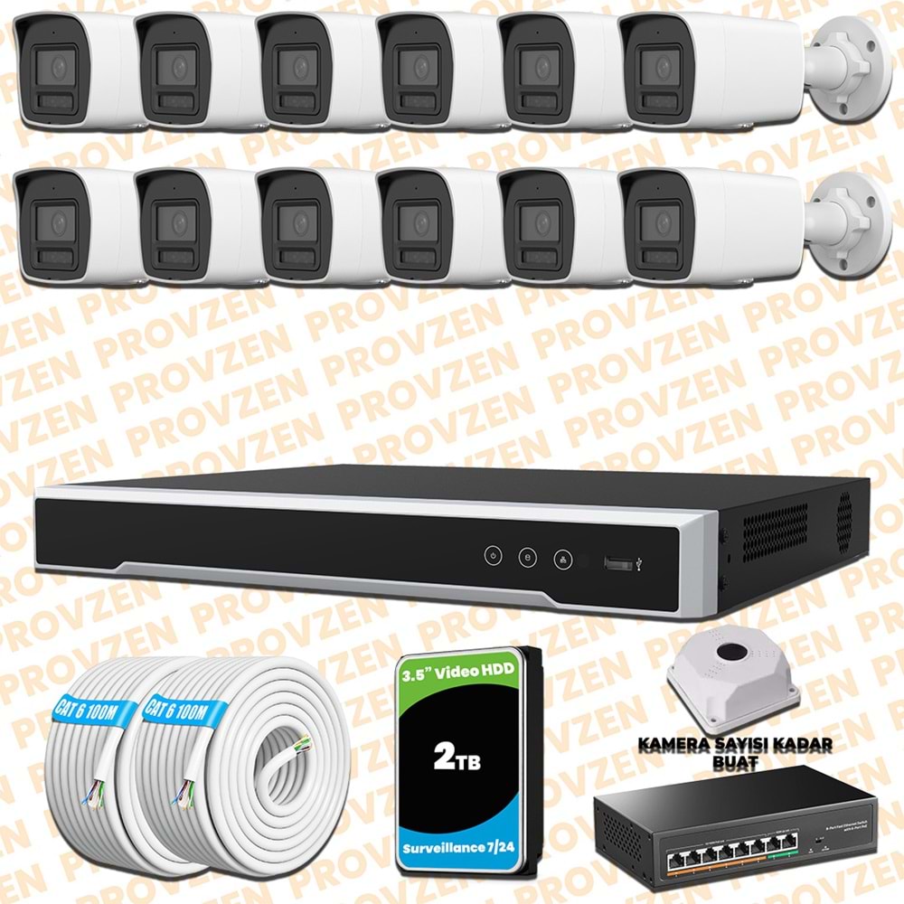 Provzen Hikvision 12 Kameralı 4MP IP Hibrit ColorVu Güvenlik Kamerası Mikrofonlu Olay Anında bildirim