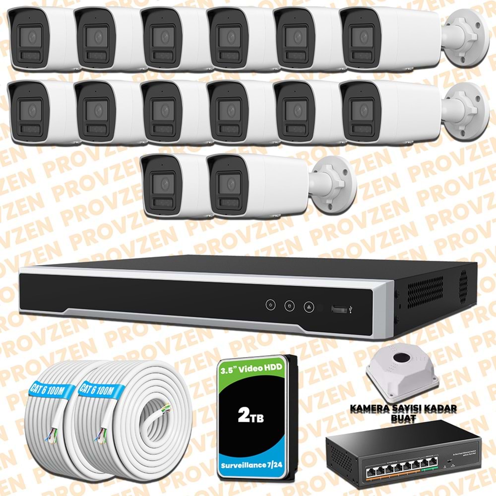 Provzen Hikvision 14 Kameralı 4MP IP Hibrit ColorVu Güvenlik Kamerası Mikrofonlu Olay Anında bildirim