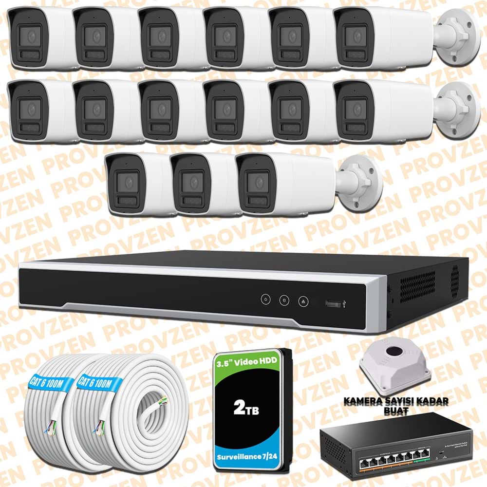 Provzen Hikvision 15 Kameralı 4MP IP Hibrit ColorVu Güvenlik Kamerası Mikrofonlu Olay Anında bildirim