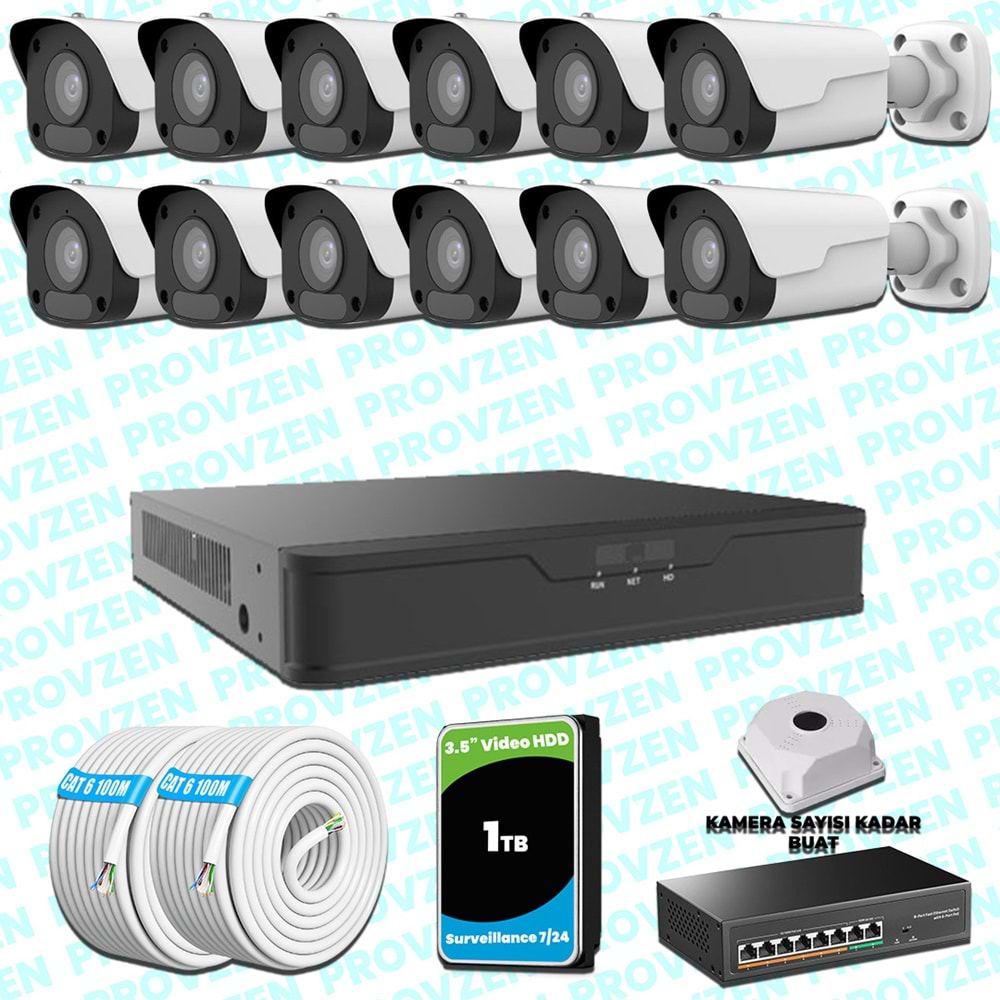 Provzen UNV 12 Kameralı IP Full HD Güvenlik Kamerası Seti