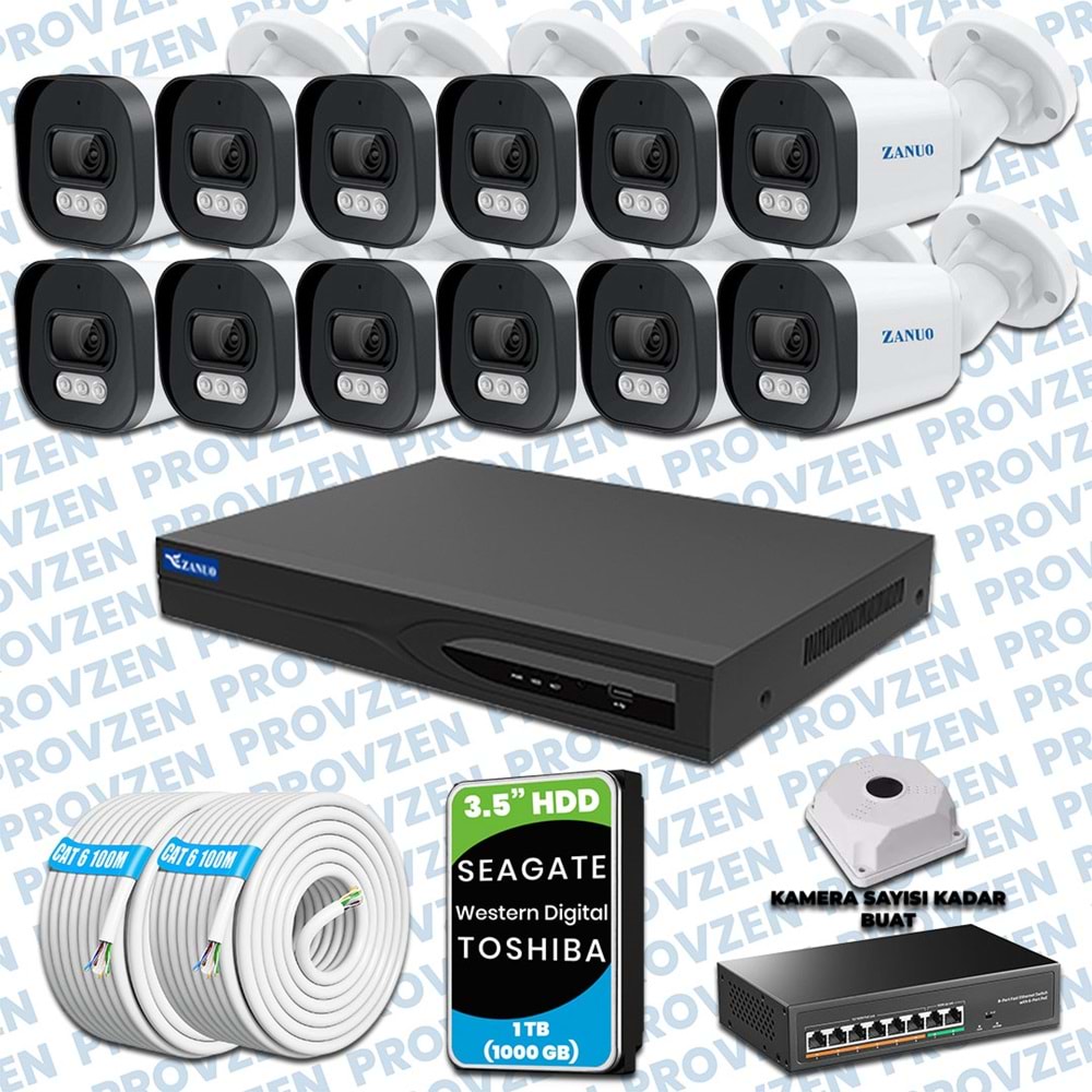 Provzen Zanuo 12 Kameralı 1080P Mikrofonlu IP Güvenlik Kamera Seti