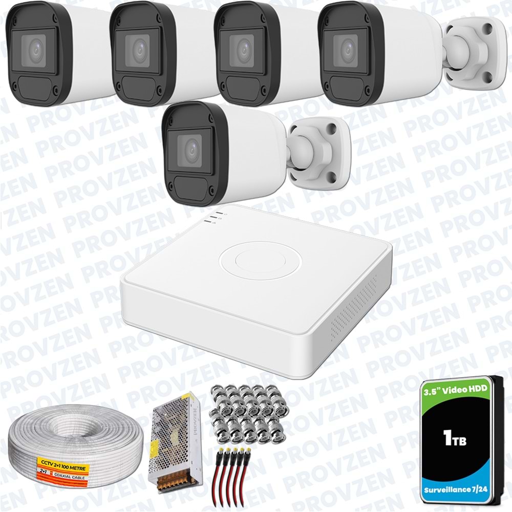 Provzen Hikvision Unv 5'li Full HD Güvenlik Kamerası Set Gece Görüş, Mikrofon, Olay Anında Bildirim