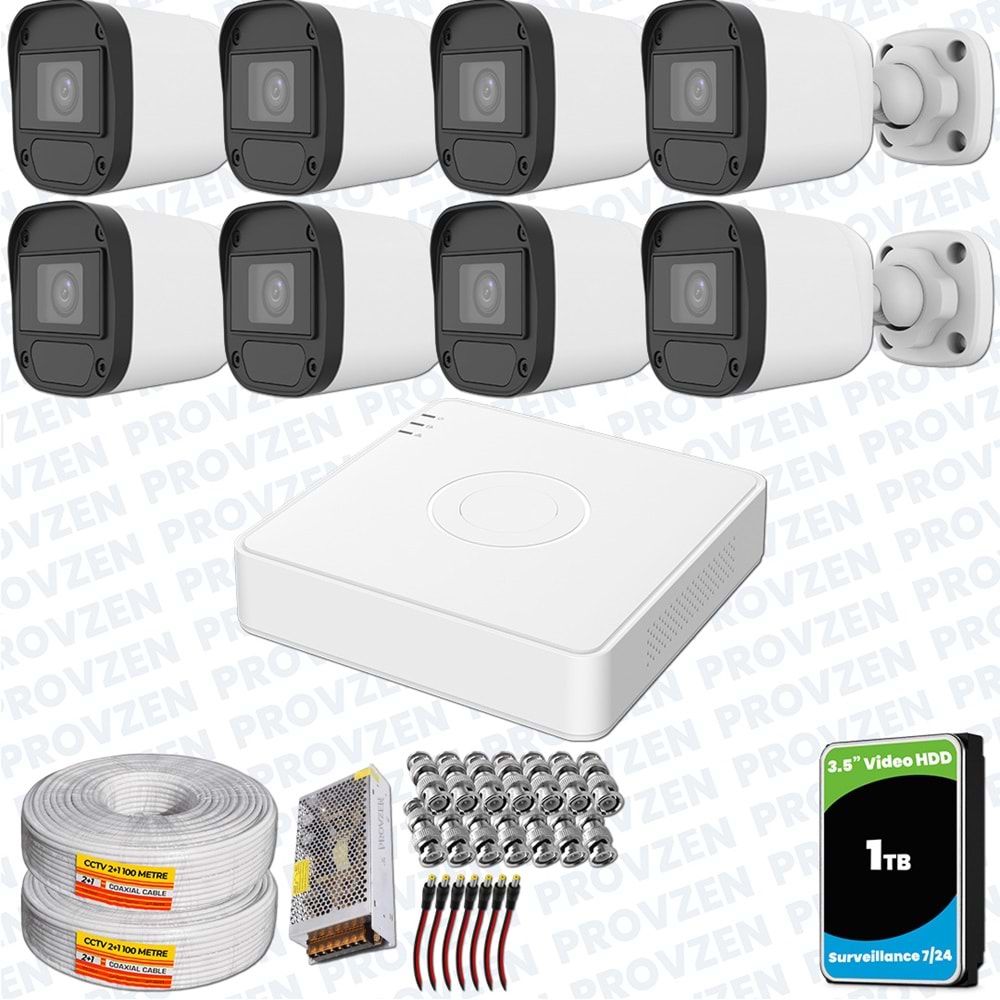 Provzen Hikvision Unv 8'li Full HD Güvenlik Kamerası Set Gece Görüş, Mikrofon, Olay Anında Bildirim