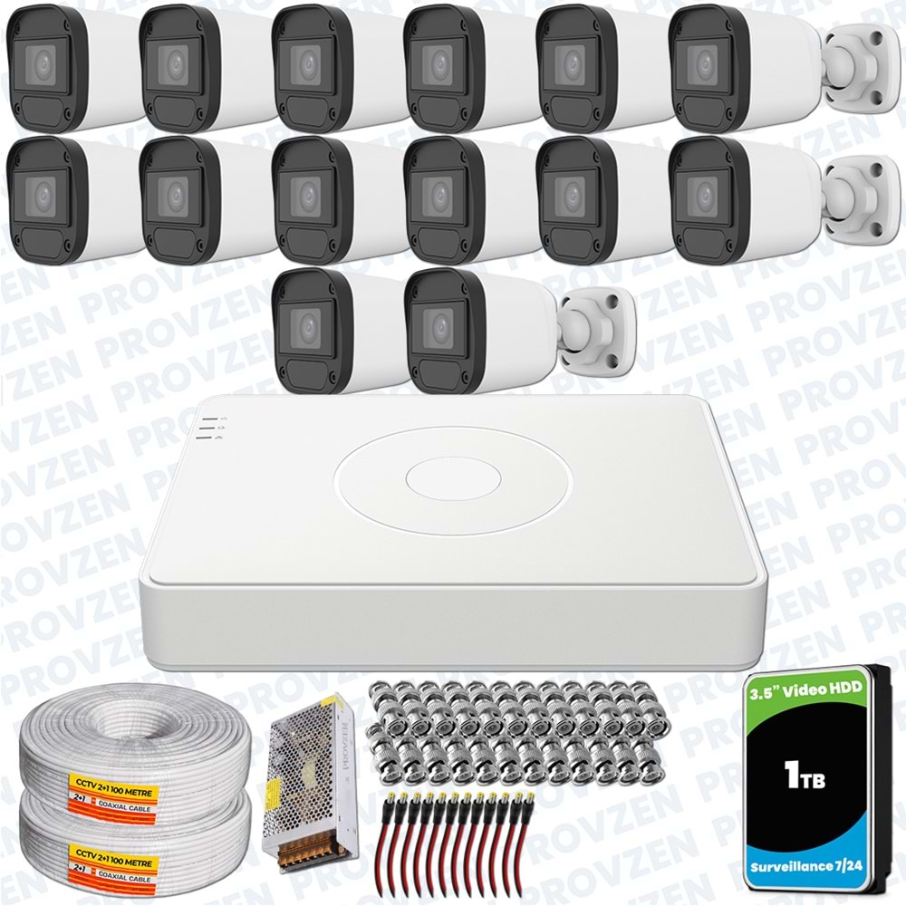 Provzen Hikvision Unv 14'lü Full HD Güvenlik Kamerası Set Gece Görüş, Mikrofon, Olay Anında Bildirim