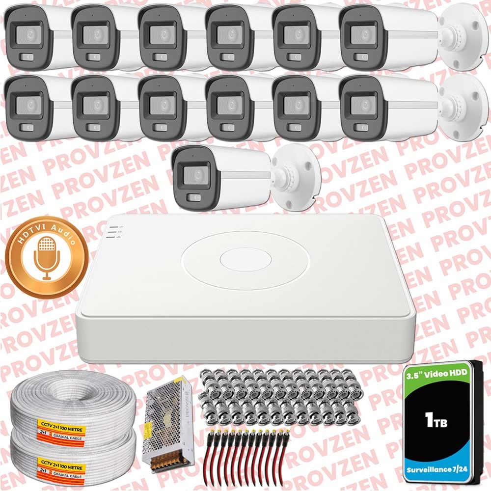 Provzen Hikvision 13'lü Full HD Güvenlik Kamerası Set 7/24 Renkli, Mikrofonlu, Olay Anında Bildirim