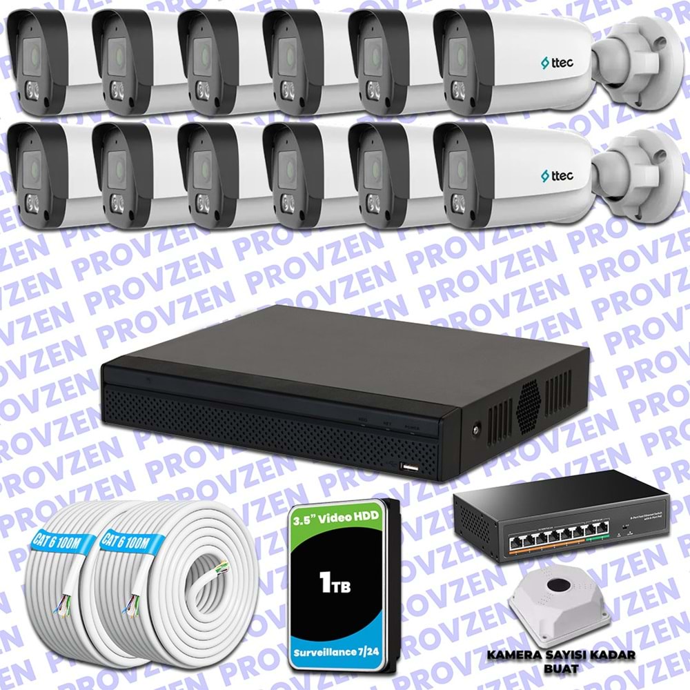 Provzen TTec Hikvision 12 Kameralı IP Full HD Mikrofonlu Güvenlik Kamerası