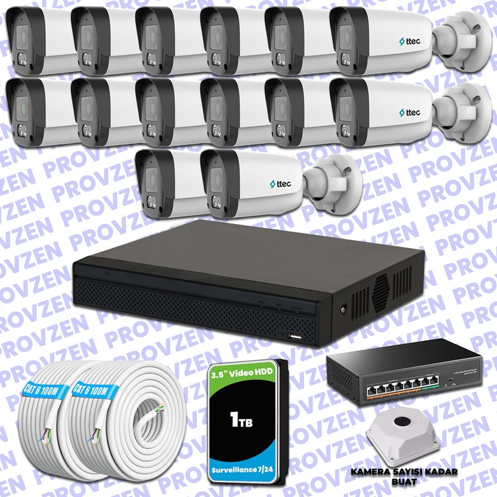 Provzen TTec Hikvision 14 Kameralı IP Full HD Mikrofonlu Güvenlik Kamerası
