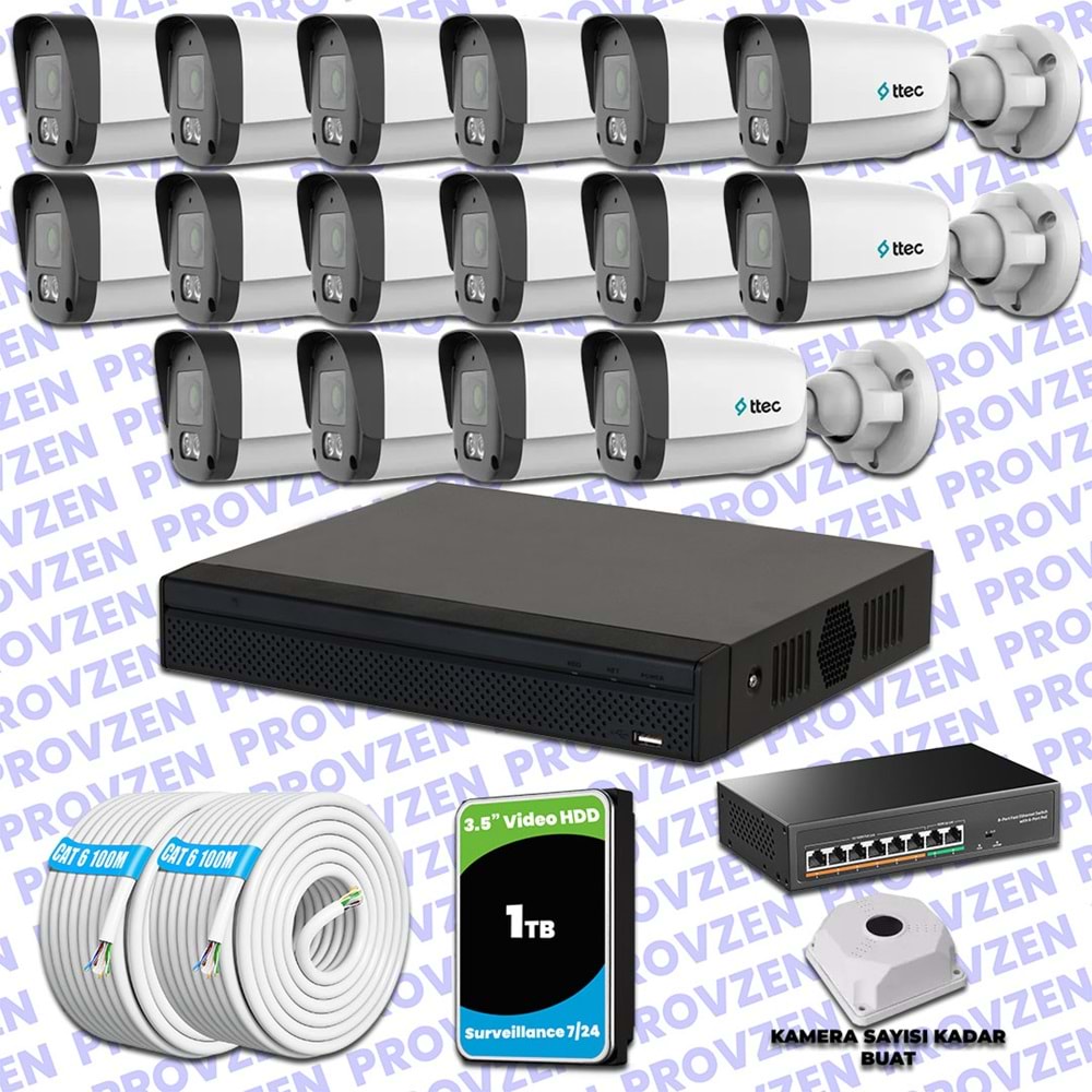 Provzen TTec Hikvision 16 Kameralı IP Full HD Mikrofonlu Güvenlik Kamerası