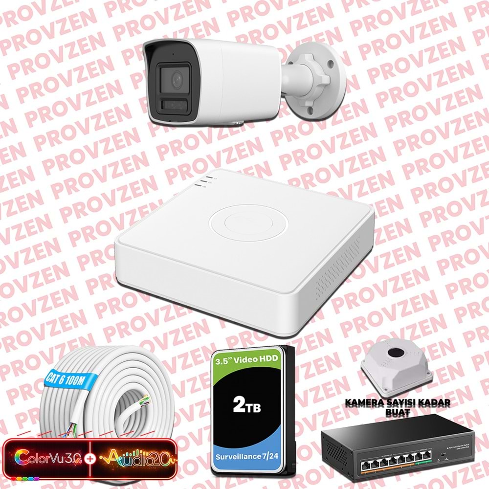 Provzen Hikvision 1 Kameralı 6MP IP ColorVu 3.0 Güvenlik Sistemi AI İnsan Araç Algılama Çift Yönlü Ses ve Işıklı Alarm