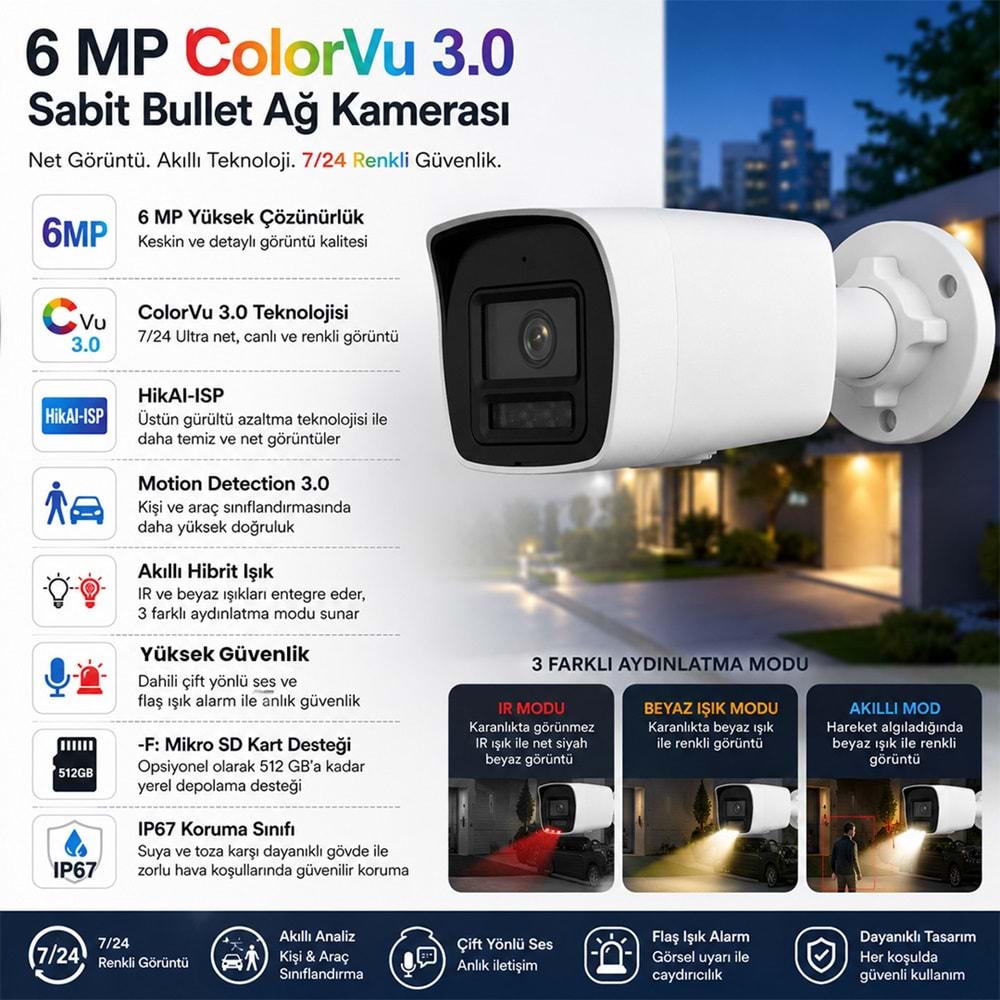 Provzen Hikvision 1 Kameralı 6MP IP ColorVu 3.0 Güvenlik Sistemi AI İnsan Araç Algılama Çift Yönlü Ses ve Işıklı Alarm