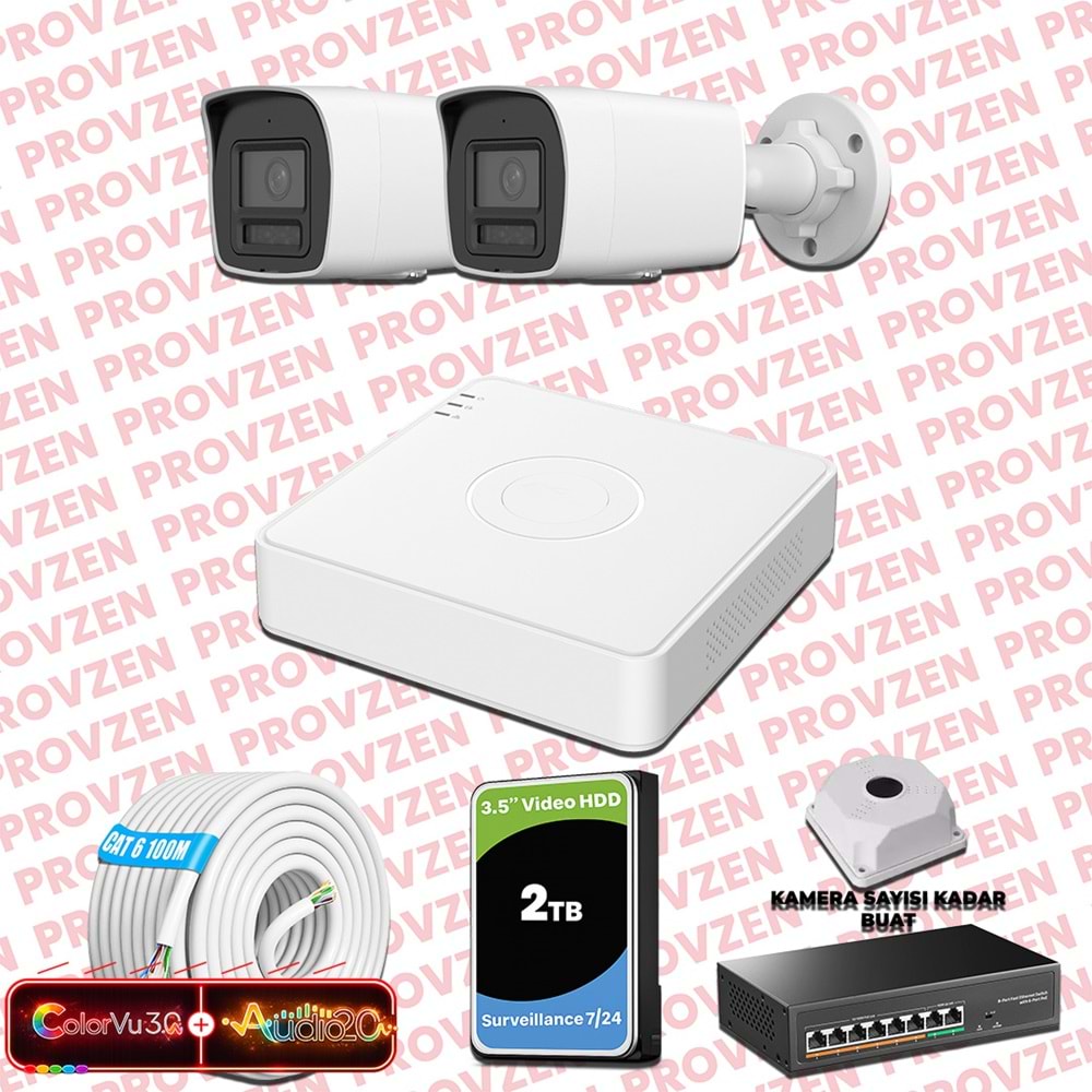 Provzen Hikvision 2 Kameralı 6MP IP ColorVu 3.0 Güvenlik Sistemi AI İnsan Araç Algılama Çift Yönlü Ses ve Işıklı Alarm