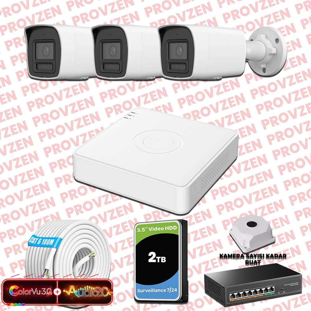 Provzen Hikvision 3 Kameralı 6MP IP ColorVu 3.0 Güvenlik Sistemi AI İnsan Araç Algılama Çift Yönlü Ses ve Işıklı Alarm