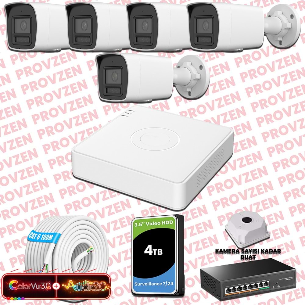 Provzen Hikvision 5 Kameralı 6MP IP ColorVu 3.0 Güvenlik Sistemi AI İnsan Araç Algılama Çift Yönlü Ses ve Işıklı Alarm