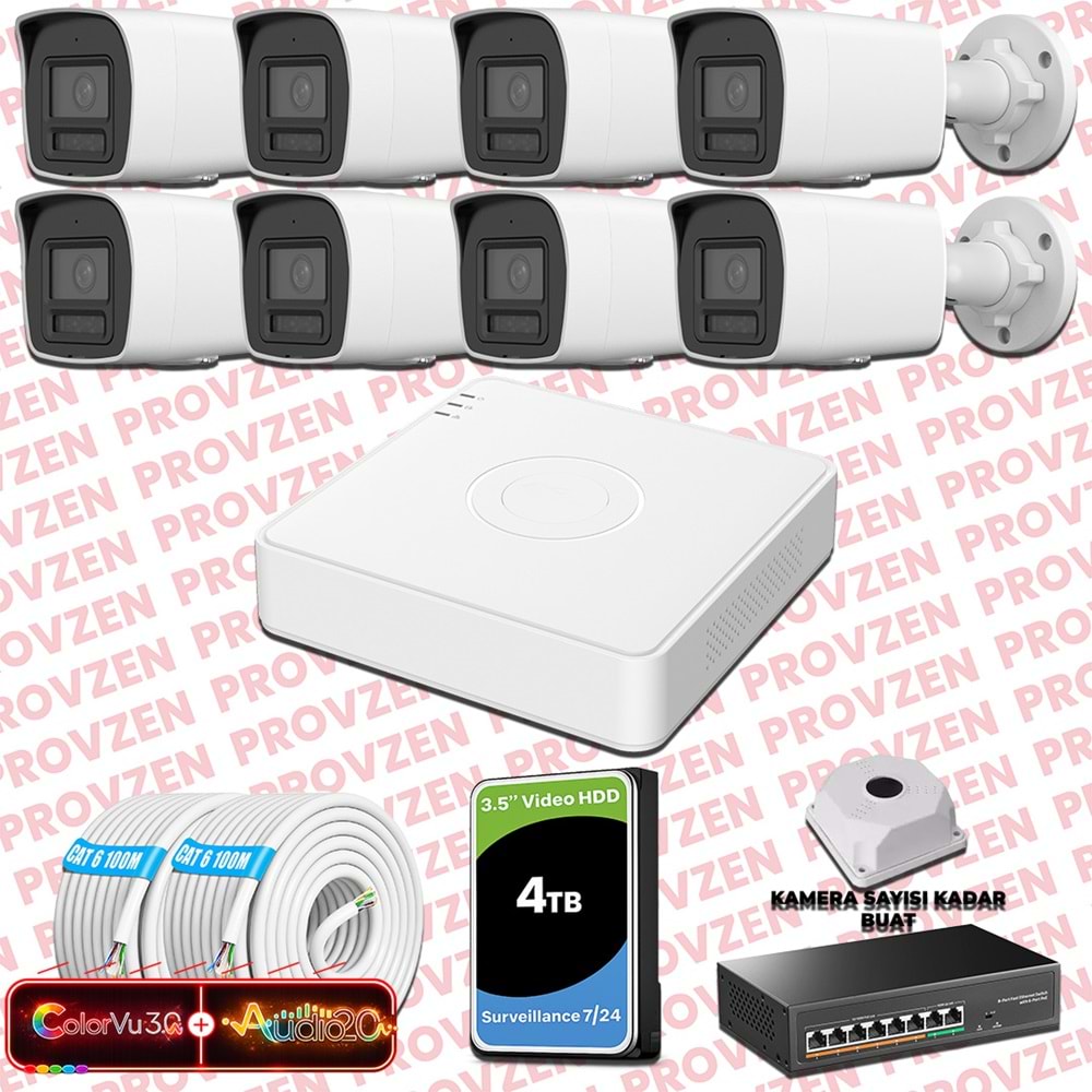 Provzen Hikvision 8 Kameralı 6MP IP ColorVu 3.0 Güvenlik Sistemi AI İnsan Araç Algılama Çift Yönlü Ses ve Işıklı Alarm