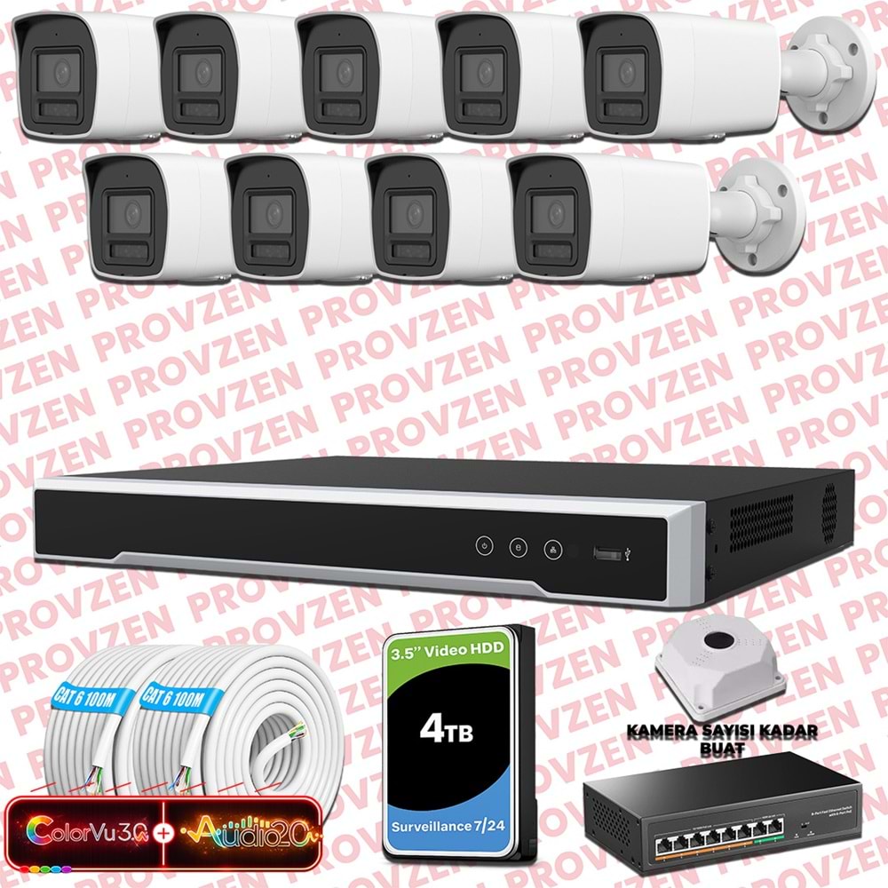 Provzen Hikvision 9 Kameralı 6MP IP ColorVu 3.0 Güvenlik Sistemi AI İnsan Araç Algılama Çift Yönlü Ses ve Işıklı Alarm