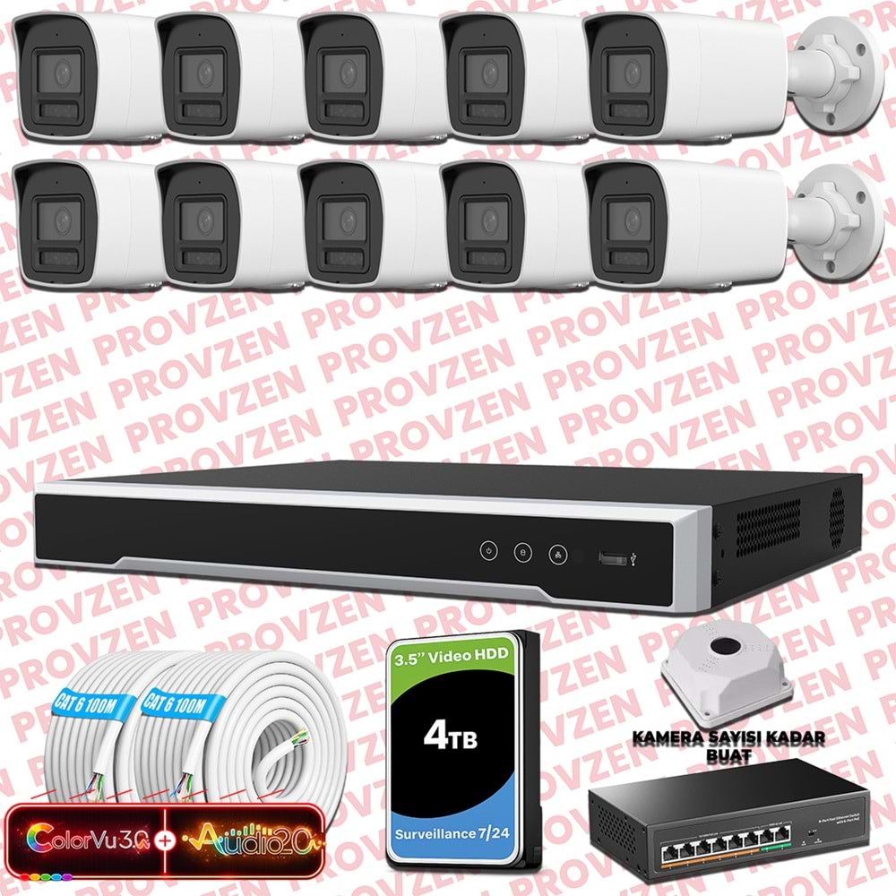 Provzen Hikvision 10 Kameralı 6MP IP ColorVu 3.0 Güvenlik Sistemi AI İnsan Araç Algılama Çift Yönlü Ses ve Işıklı Alarm