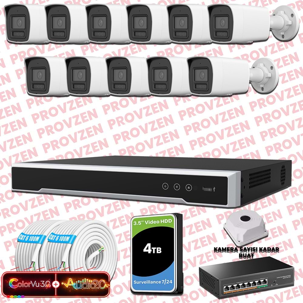 Provzen Hikvision 11 Kameralı 6MP IP ColorVu 3.0 Güvenlik Sistemi AI İnsan Araç Algılama Çift Yönlü Ses ve Işıklı Alarm