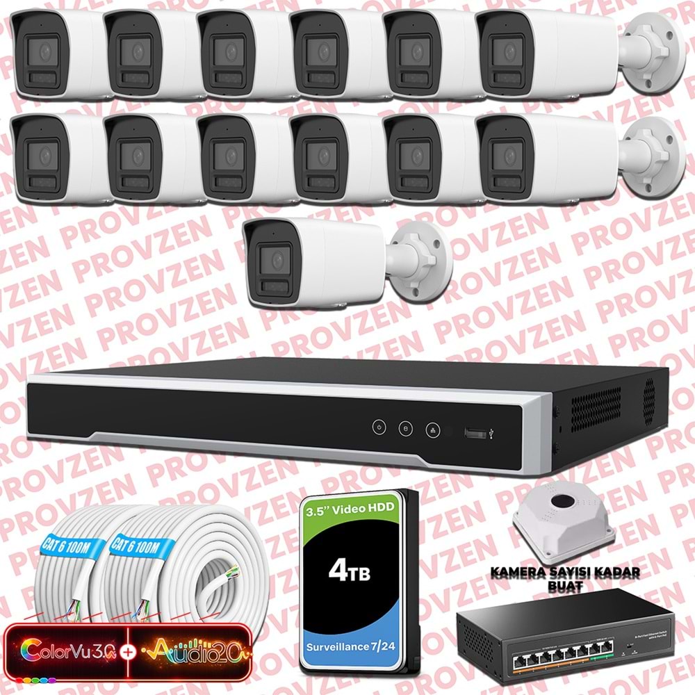 Provzen Hikvision 13 Kameralı 6MP IP ColorVu 3.0 Güvenlik Sistemi AI İnsan Araç Algılama Çift Yönlü Ses ve Işıklı Alarm