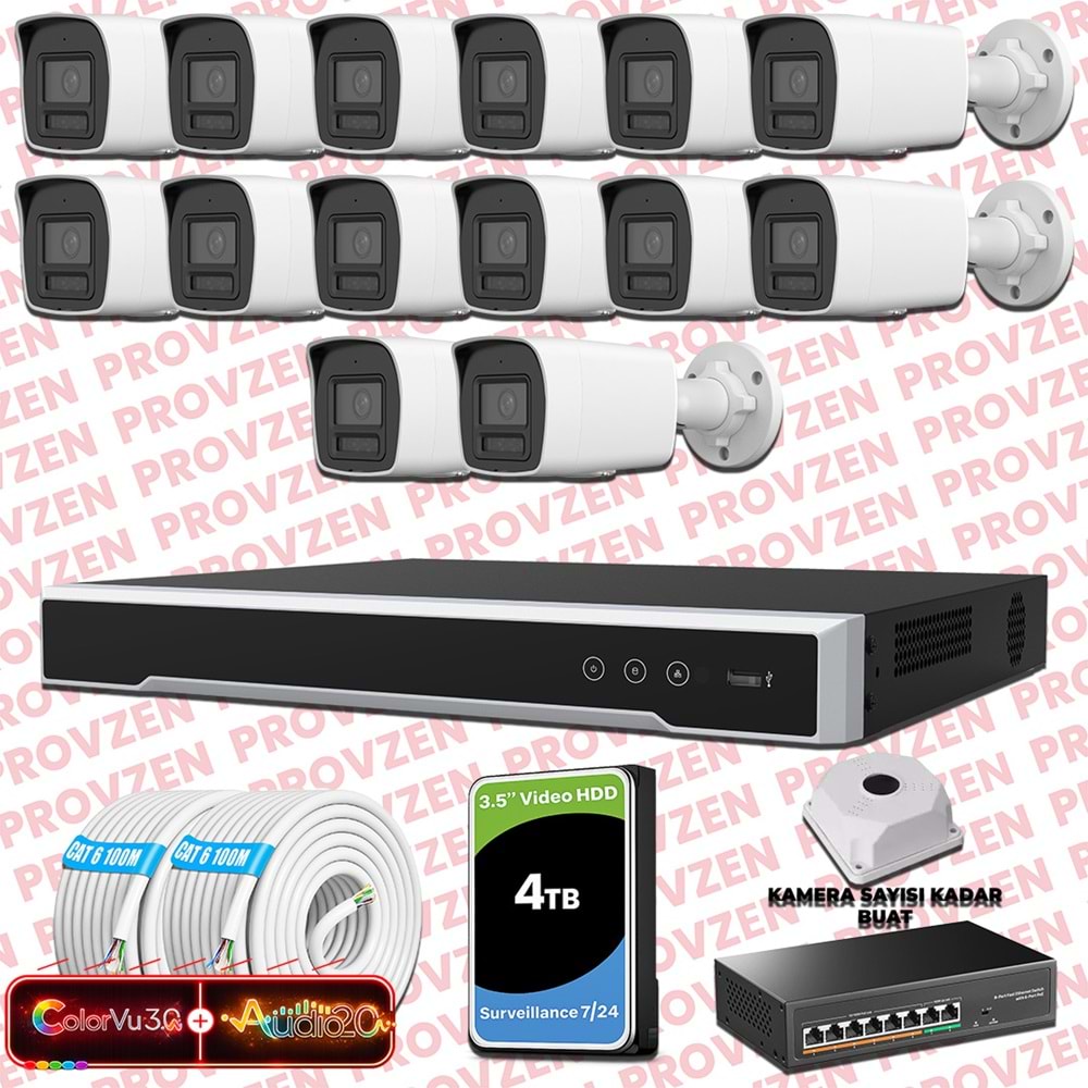Provzen Hikvision 14 Kameralı 6MP IP ColorVu 3.0 Güvenlik Sistemi AI İnsan Araç Algılama Çift Yönlü Ses ve Işıklı Alarm