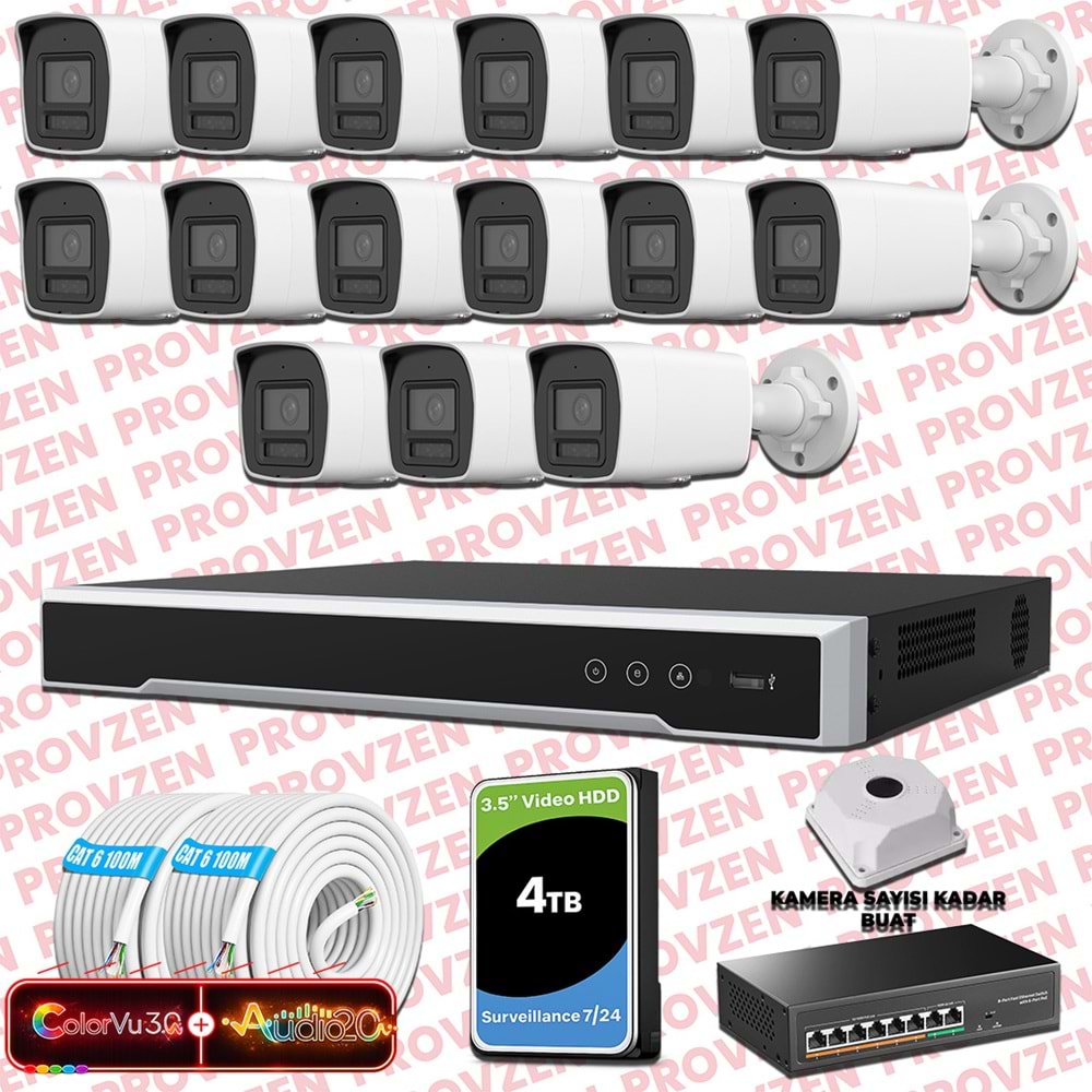 Provzen Hikvision 15 Kameralı 6MP IP ColorVu 3.0 Güvenlik Sistemi AI İnsan Araç Algılama Çift Yönlü Ses ve Işıklı Alarm