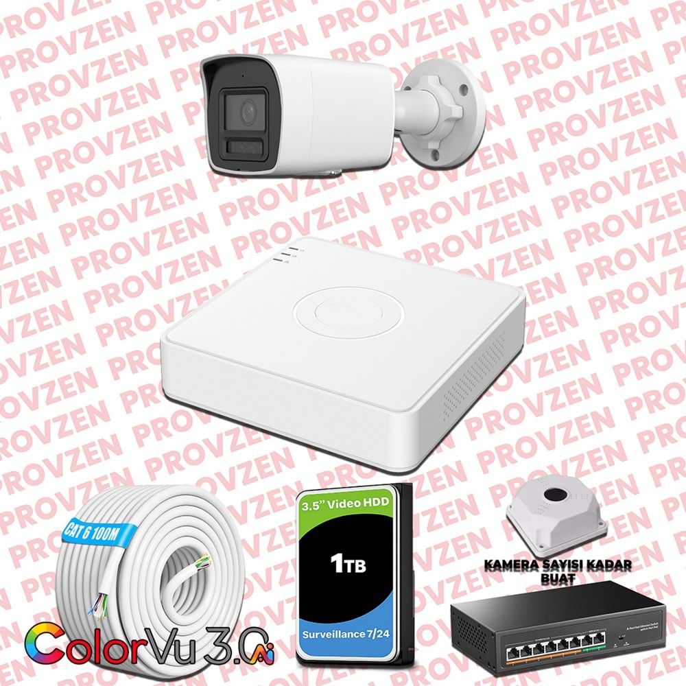 Provzen Hikvision 1 Kameralı 4MP IP ColorVu 3.0 Güvenlik Sistemi AI İnsan Araç Algılama Mikrofon ve Işıklı Alarm