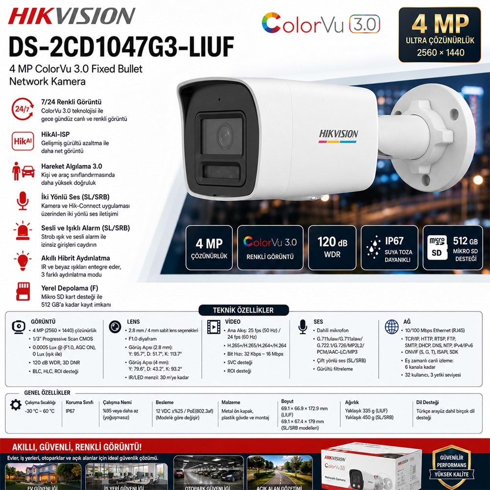 Provzen Hikvision 1 Kameralı 4MP IP ColorVu 3.0 Güvenlik Sistemi AI İnsan Araç Algılama Mikrofon ve Işıklı Alarm