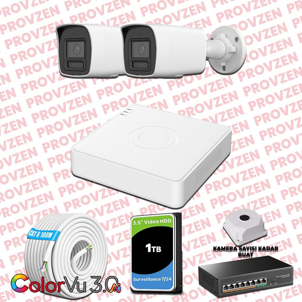 Provzen Hikvision 2 Kameralı 4MP IP ColorVu 3.0 Güvenlik Sistemi AI İnsan Araç Algılama Mikrofon ve Işıklı Alarm