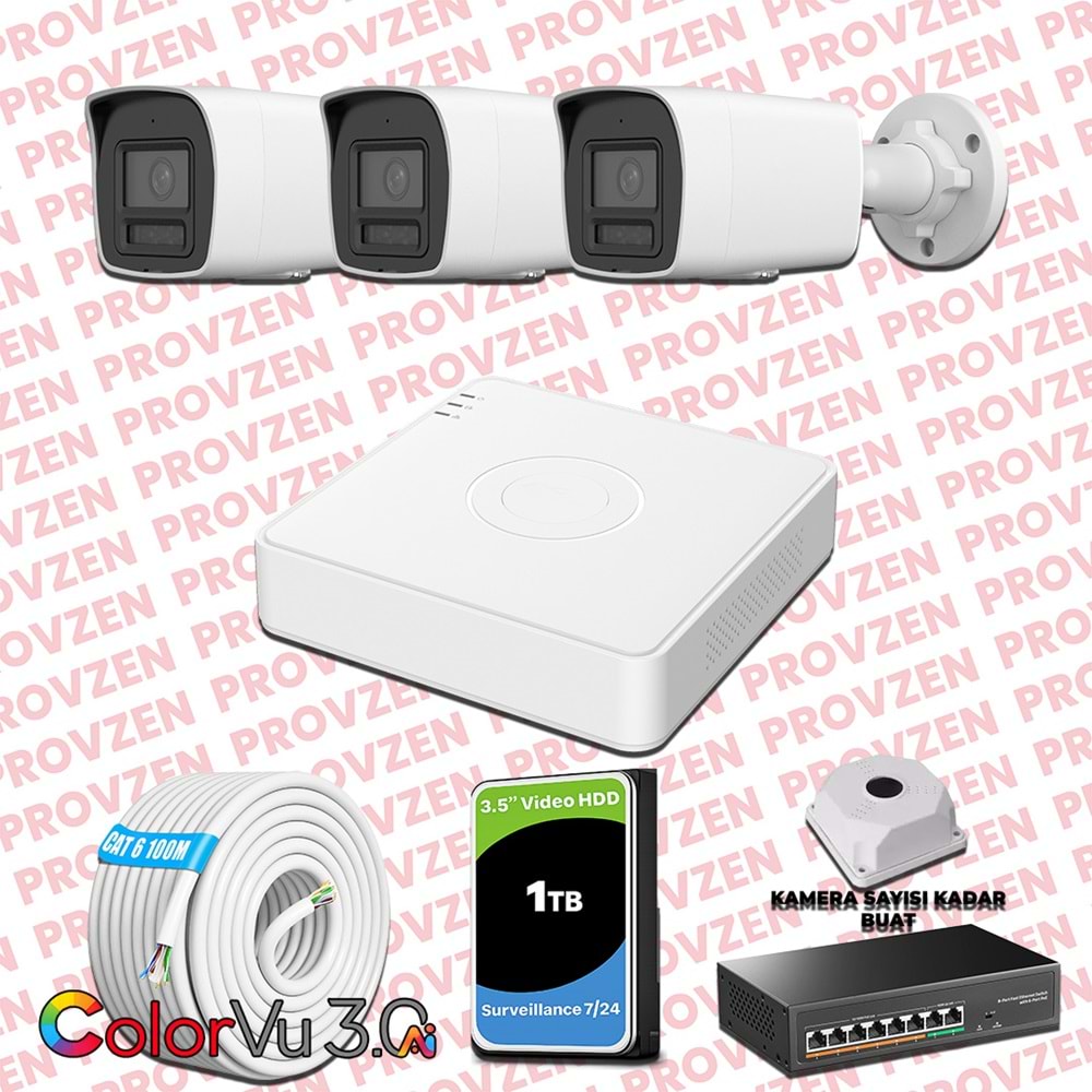 Provzen Hikvision 3 Kameralı 4MP IP ColorVu 3.0 Güvenlik Sistemi AI İnsan Araç Algılama Mikrofon ve Işıklı Alarm