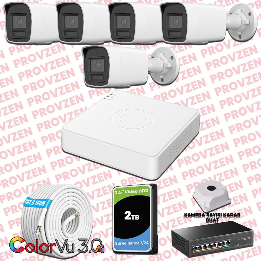 Provzen Hikvision 5 Kameralı 4MP IP ColorVu 3.0 Güvenlik Sistemi AI İnsan Araç Algılama Mikrofon ve Işıklı Alarm