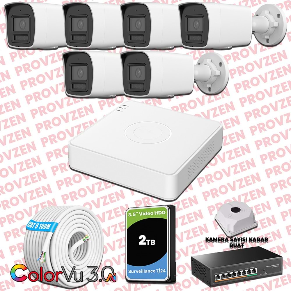 Provzen Hikvision 6 Kameralı 4MP IP ColorVu 3.0 Güvenlik Sistemi AI İnsan Araç Algılama Mikrofon ve Işıklı Alarm