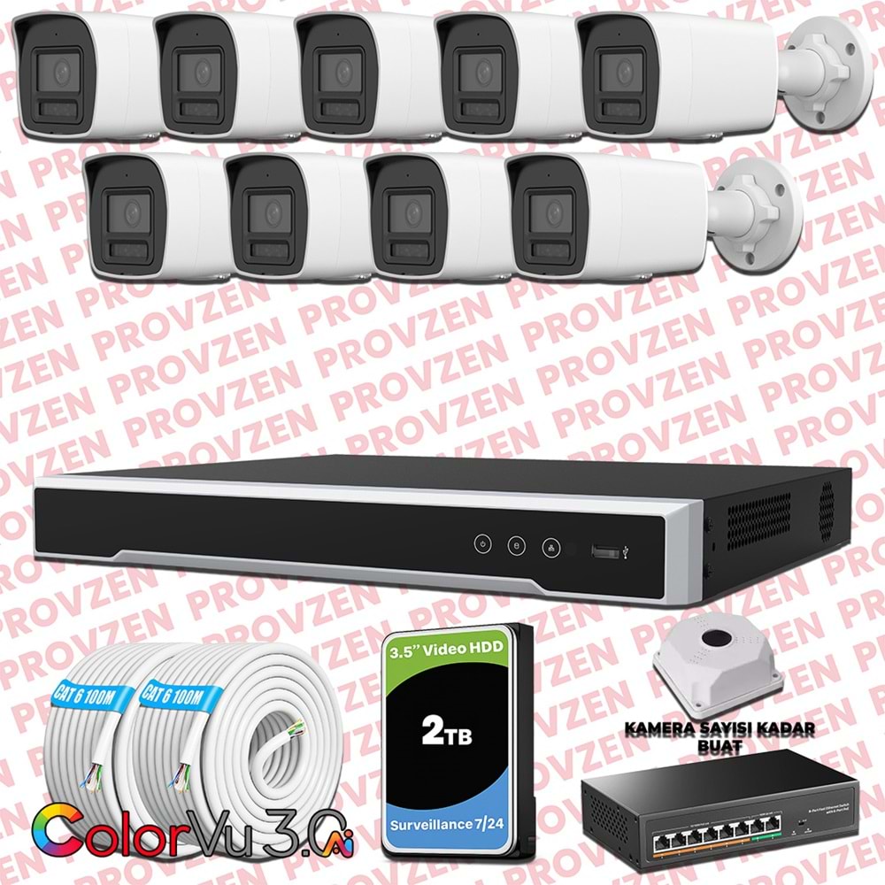 Provzen Hikvision 9 Kameralı 4MP IP ColorVu 3.0 Güvenlik Sistemi AI İnsan Araç Algılama Mikrofon ve Işıklı Alarm