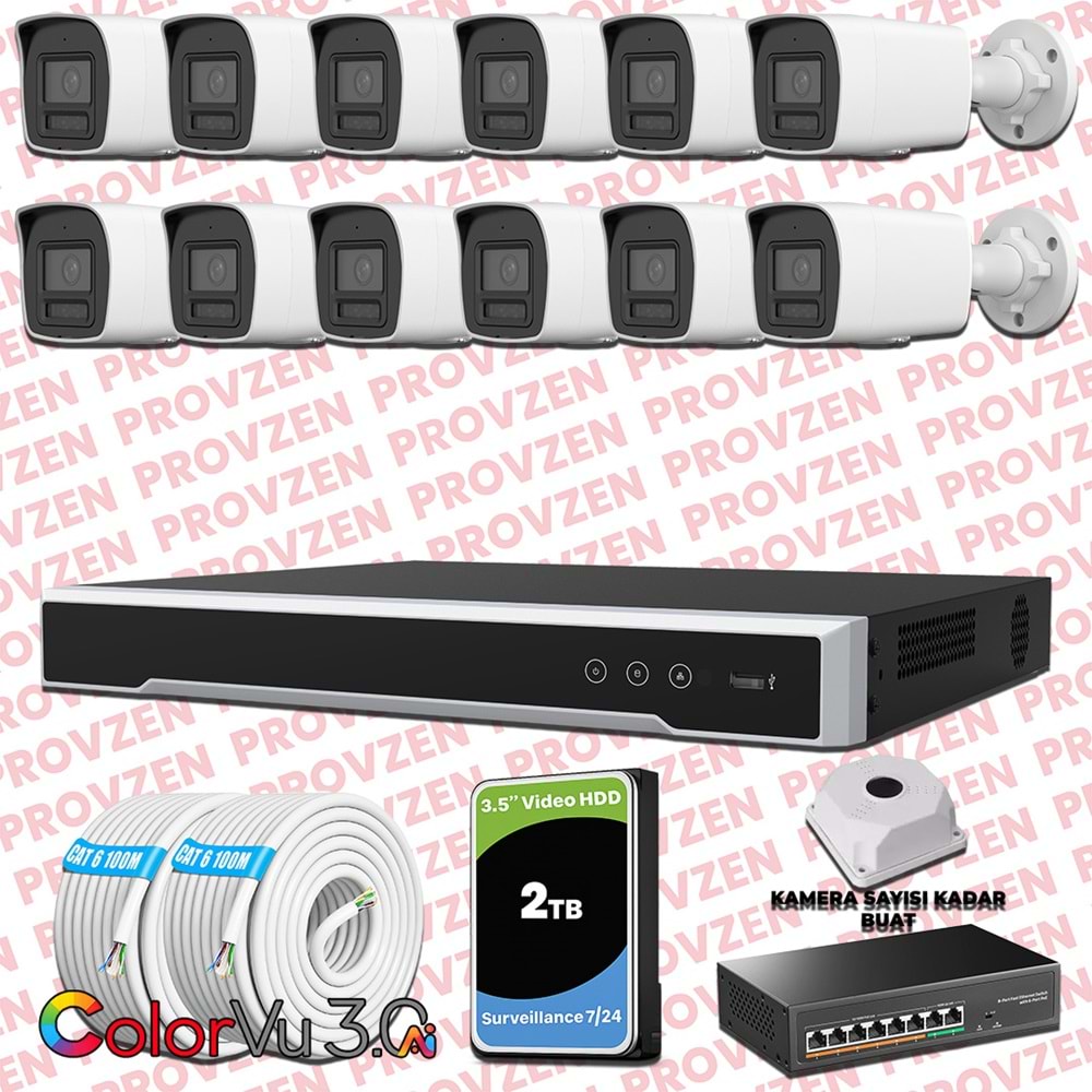 Provzen Hikvision 12 Kameralı 4MP IP ColorVu 3.0 Güvenlik Sistemi AI İnsan Araç Algılama Mikrofon ve Işıklı Alarm