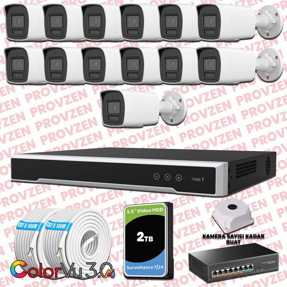 Provzen Hikvision 13 Kameralı 4MP IP ColorVu 3.0 Güvenlik Sistemi AI İnsan Araç Algılama Mikrofon ve Işıklı Alarm