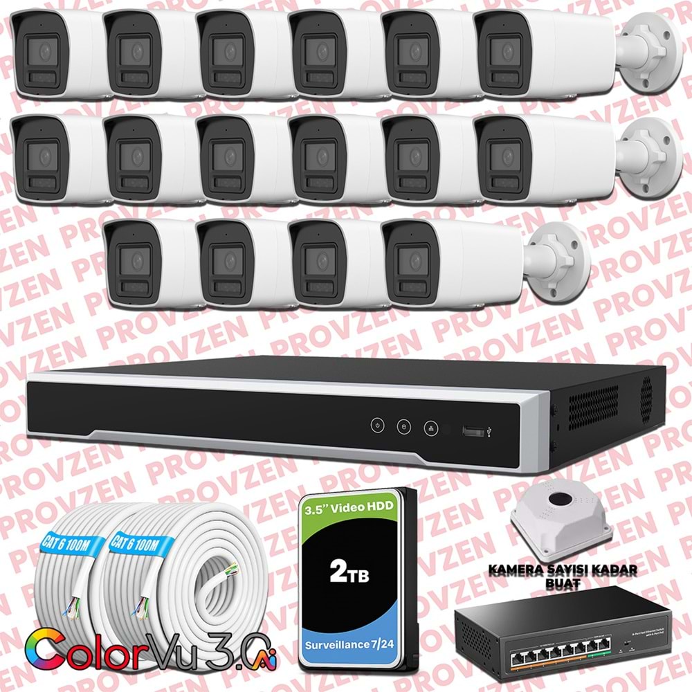 Provzen Hikvision 16 Kameralı 4MP IP ColorVu 3.0 Güvenlik Sistemi AI İnsan Araç Algılama Mikrofon ve Işıklı Alarm
