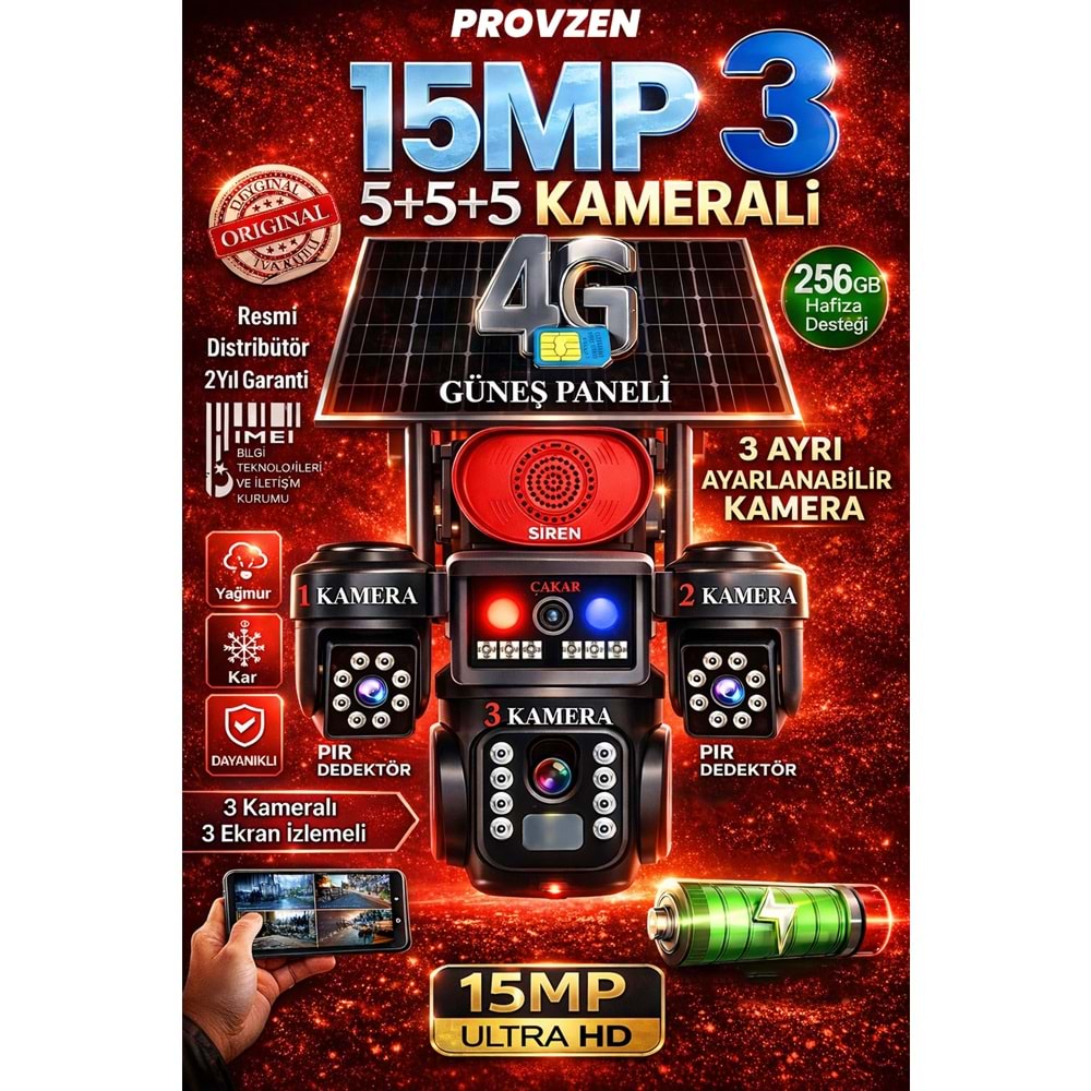 4 Kameralı Çift Solarlı 4G Güneş Enerjili PTZ Güvenlik Kamerası 15MP 4 Lens PIR İnsan Algılama IP66