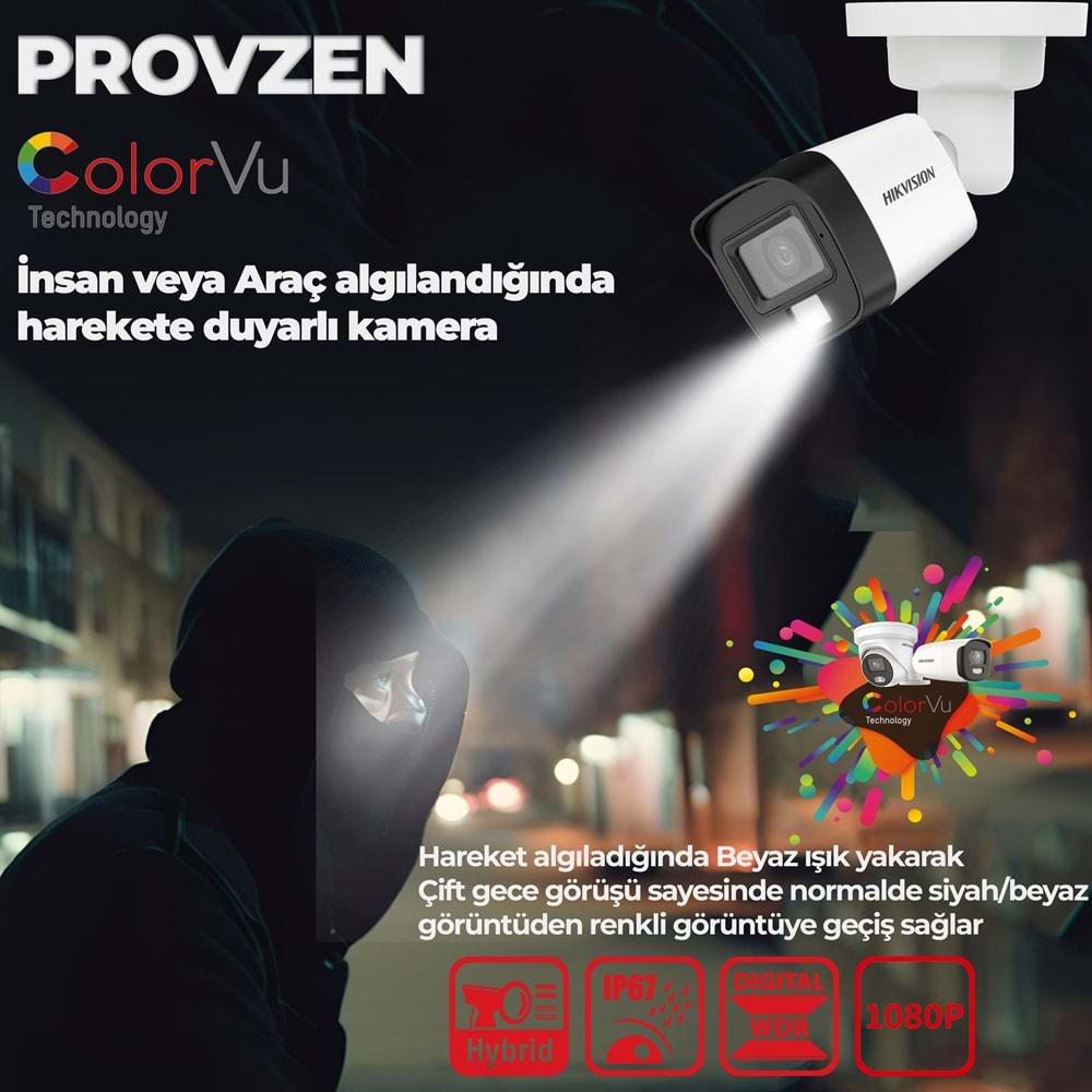 PROVZEN HİKVİSİON 1 KAMERALI COLORVU HİBRİT GÜVENLİK KAMERASI